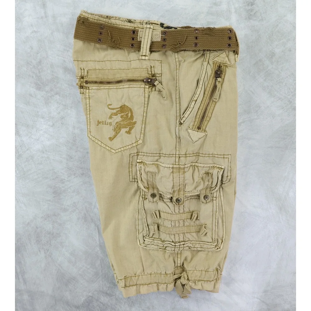 Jet Lag Cargo Shorts Mens 38 Tan Distressed Gorpcore Vintage Y2K Streetwear Belt